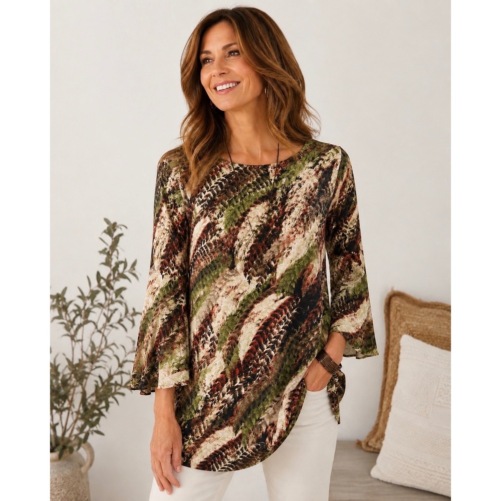 Tyche Feather Print Bell Sleeve Tunic S Earthy Boho Safari Chic Lagenlook